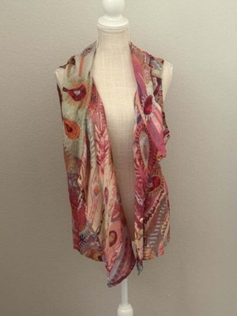 ANU By Natural Embroidered Wool Vest Draped Open Front Waterfall Boho Artsy M